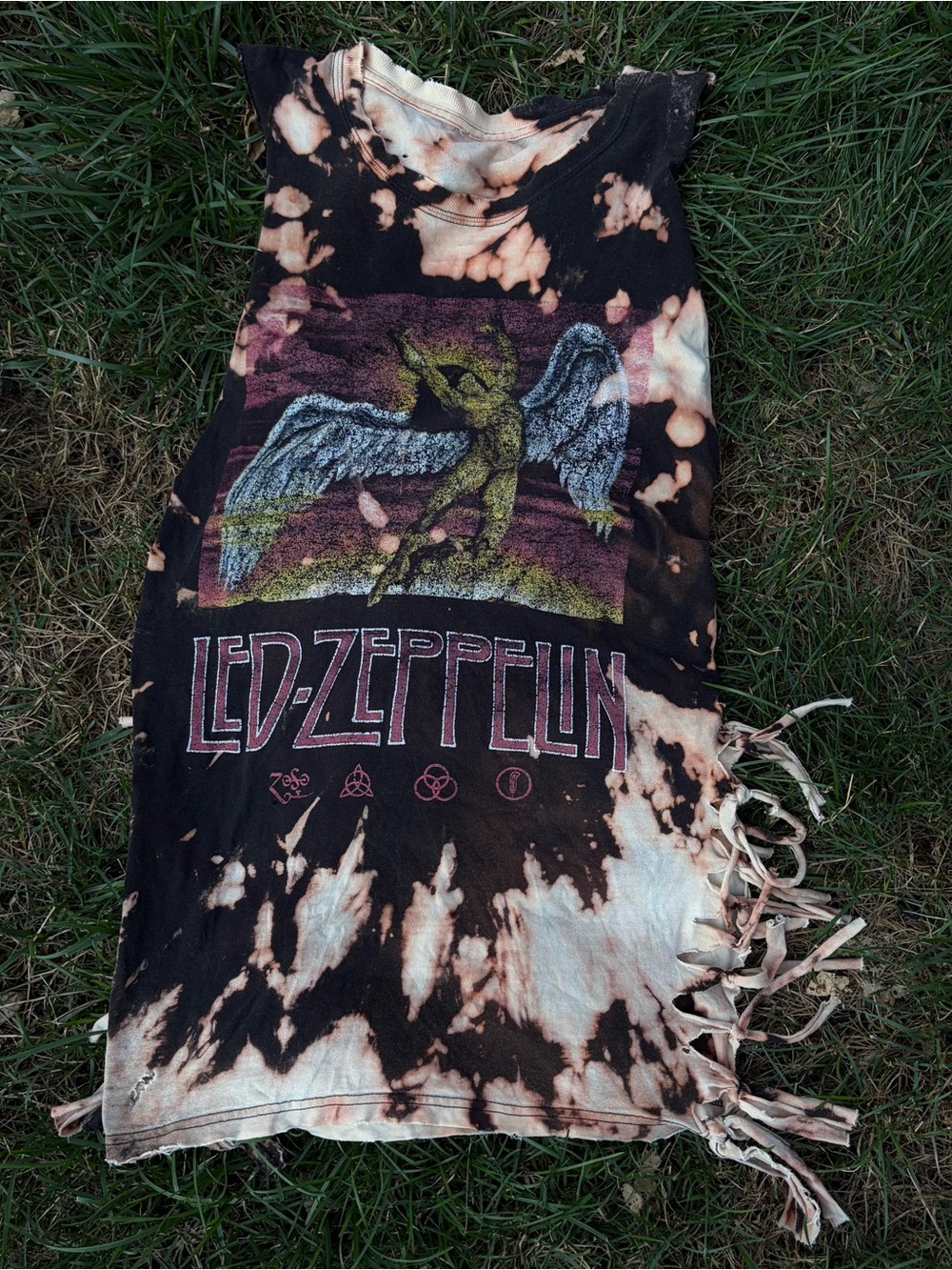 Led Zeppelin Graphic Tie-Dye Fringe Tank - Black & Bleach Upcycled Vintage